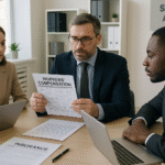 Staffing agency workers comp misclassification explained with manager reviewing employee classification documents in office.