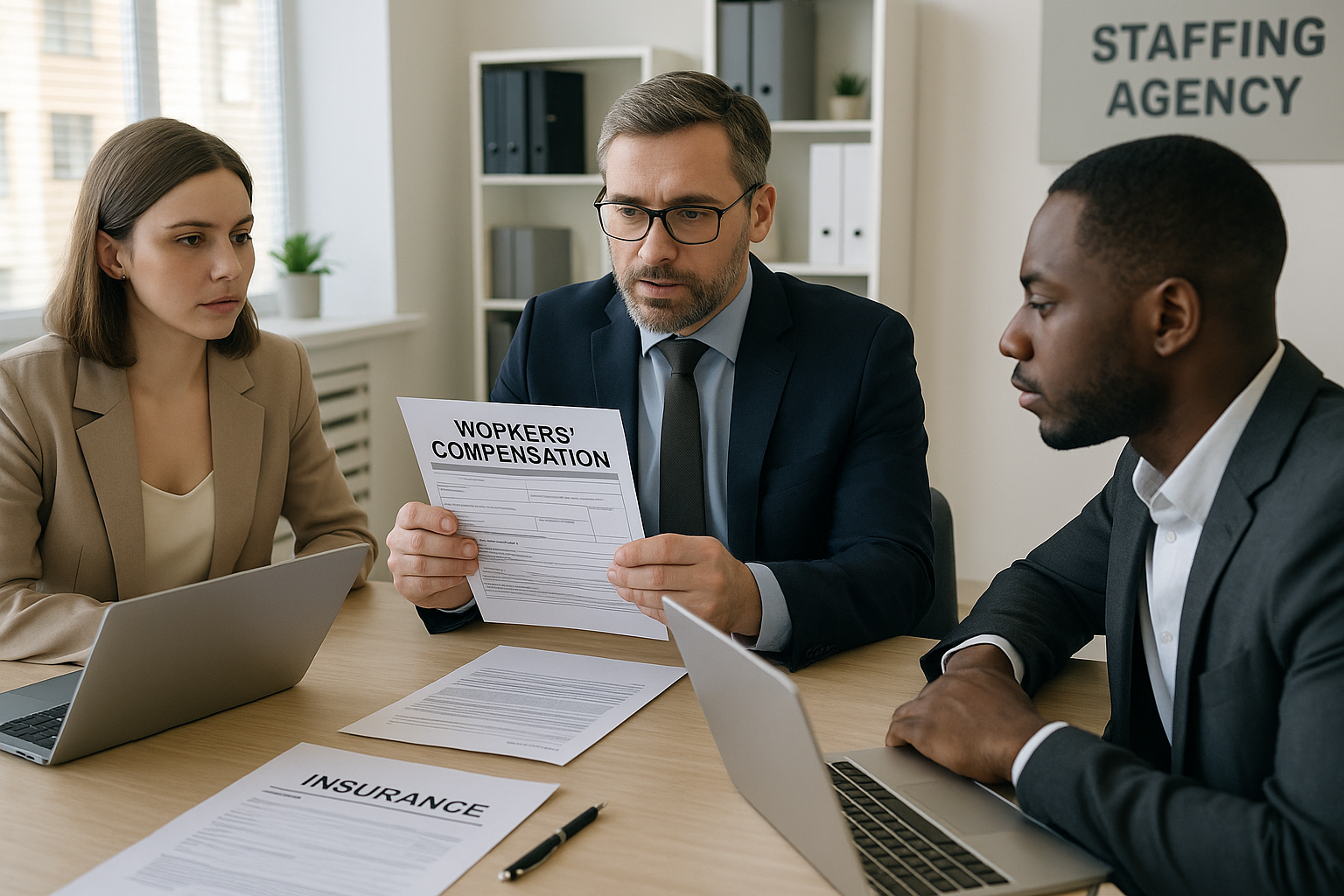 Staffing agency workers comp misclassification explained with manager reviewing employee classification documents in office.